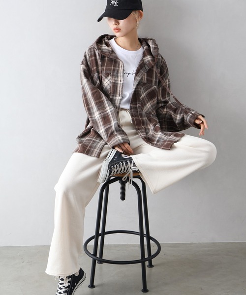 SpRay（スプレイ）の「起毛チェックフードＢＩＧシャツ（シャツ/ブラウス・レディース・ブルー/ブラック×ホワイト/ブラウン/ブラック・FREE）」の9枚目の写真