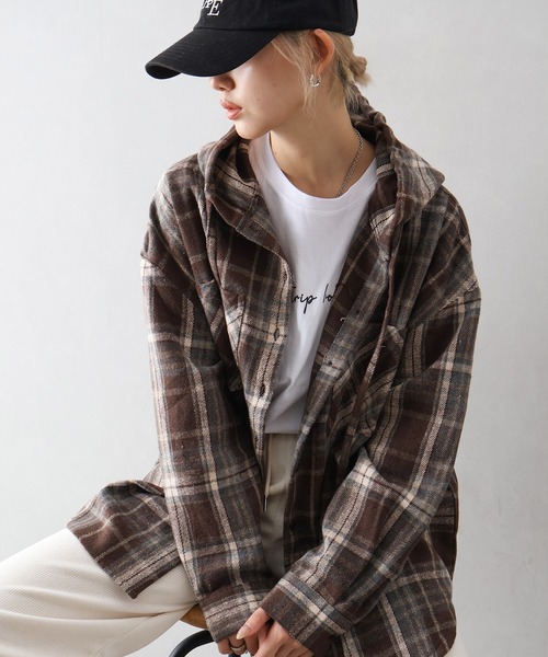 SpRay（スプレイ）の「起毛チェックフードＢＩＧシャツ（シャツ/ブラウス・レディース・ブルー/ブラック×ホワイト/ブラウン/ブラック・FREE）」の10枚目の写真