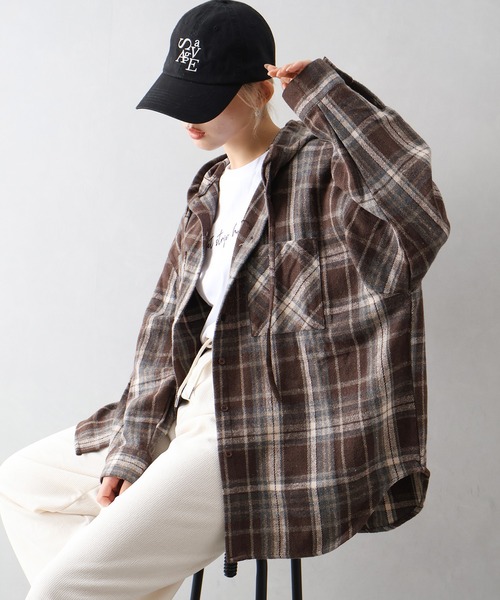 SpRay（スプレイ）の「起毛チェックフードＢＩＧシャツ（シャツ/ブラウス・レディース・ブルー/ブラック×ホワイト/ブラウン/ブラック・FREE）」の11枚目の写真