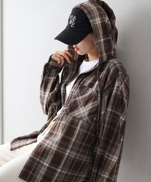 SpRay（スプレイ）の「起毛チェックフードＢＩＧシャツ（シャツ/ブラウス・レディース・ブルー/ブラック×ホワイト/ブラウン/ブラック・FREE）」の13枚目の写真