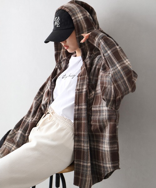 SpRay（スプレイ）の「起毛チェックフードＢＩＧシャツ（シャツ/ブラウス・レディース・ブルー/ブラック×ホワイト/ブラウン/ブラック・FREE）」の14枚目の写真