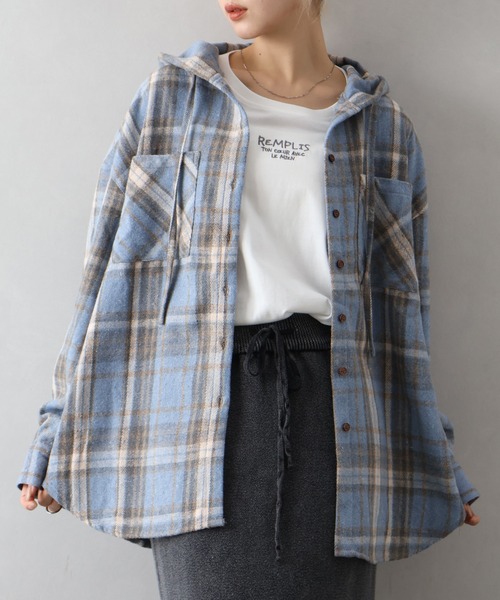 SpRay（スプレイ）の「起毛チェックフードＢＩＧシャツ（シャツ/ブラウス・レディース・ブルー/ブラック×ホワイト/ブラウン/ブラック・FREE）」の15枚目の写真
