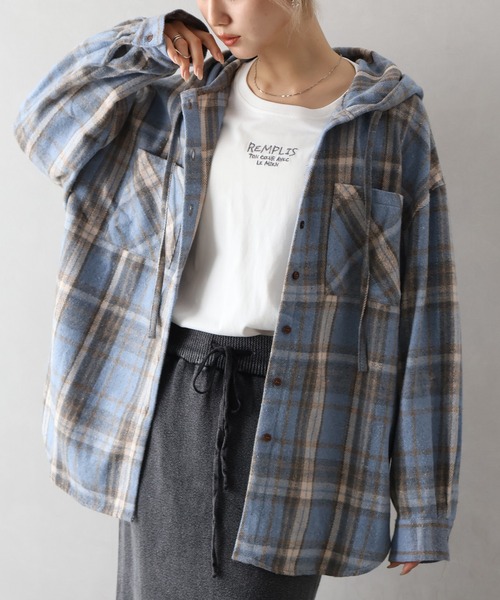 SpRay（スプレイ）の「起毛チェックフードＢＩＧシャツ（シャツ/ブラウス・レディース・ブルー/ブラック×ホワイト/ブラウン/ブラック・FREE）」の17枚目の写真