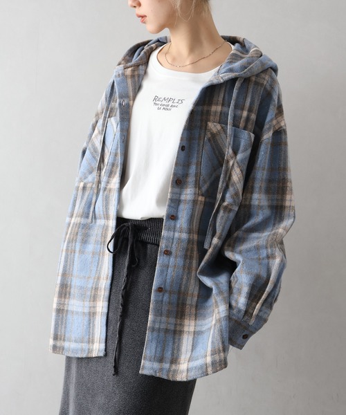 SpRay（スプレイ）の「起毛チェックフードＢＩＧシャツ（シャツ/ブラウス・レディース・ブルー/ブラック×ホワイト/ブラウン/ブラック・FREE）」の18枚目の写真