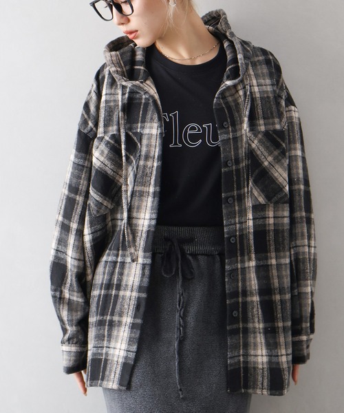 SpRay（スプレイ）の「起毛チェックフードＢＩＧシャツ（シャツ/ブラウス・レディース・ブルー/ブラック×ホワイト/ブラウン/ブラック・FREE）」の19枚目の写真