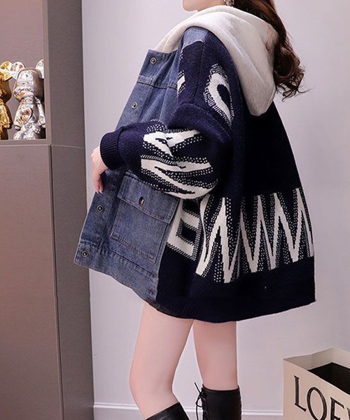 セール】ジャガードニット×デニムフード付カーディガン（カーディガン