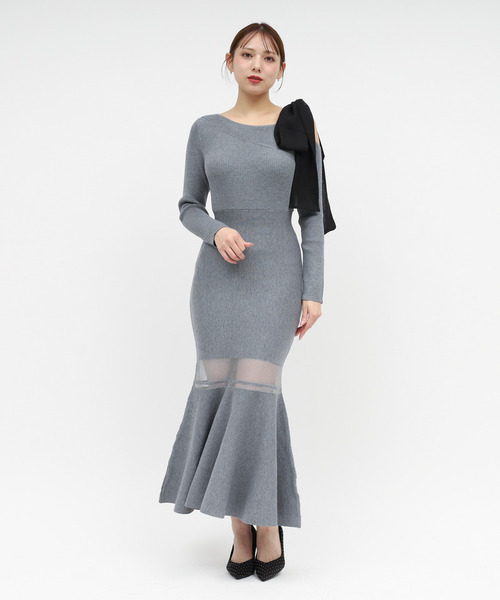 セール】【丈が選べる】ワンショルリボンシアー切替ニットマーメイド