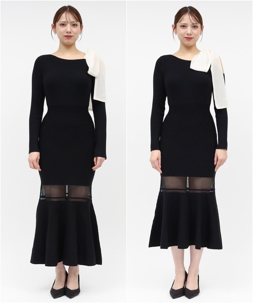 セール】【丈が選べる】ワンショルリボンシアー切替ニットマーメイド