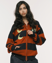 STRIPE KNIT ZIP-UP HOODIE RED
