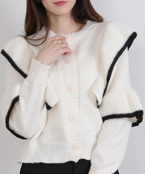 セール】バイカラー フリルデザイン ニットカーディガン（カーディガン