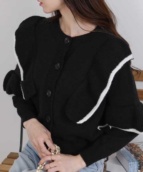 セール】バイカラー フリルデザイン ニットカーディガン（カーディガン