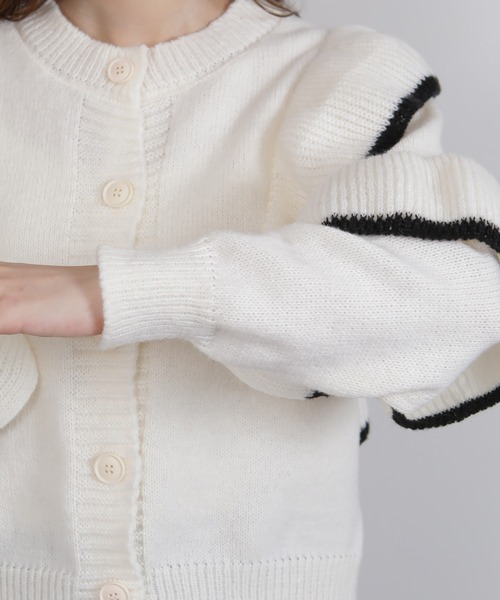 セール】バイカラー フリルデザイン ニットカーディガン（カーディガン