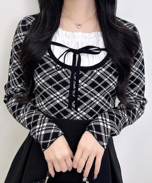 INGNI（イング）の「フロントフリルドッキングチェック柄ニット（ニット/セーター・レディース・アイボリー系3/ブラック系その他2/ピンク系2・M）」の2枚目の写真