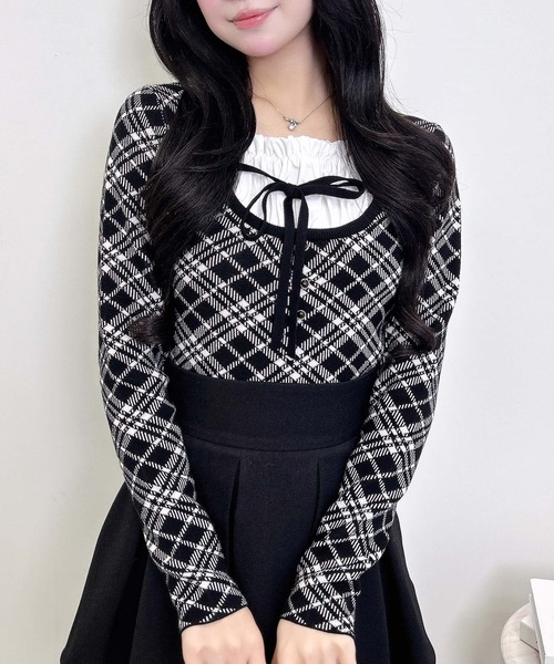 INGNI（イング）の「フロントフリルドッキングチェック柄ニット（ニット/セーター・レディース・アイボリー系3/ブラック系その他2/ピンク系2・M）」の5枚目の写真