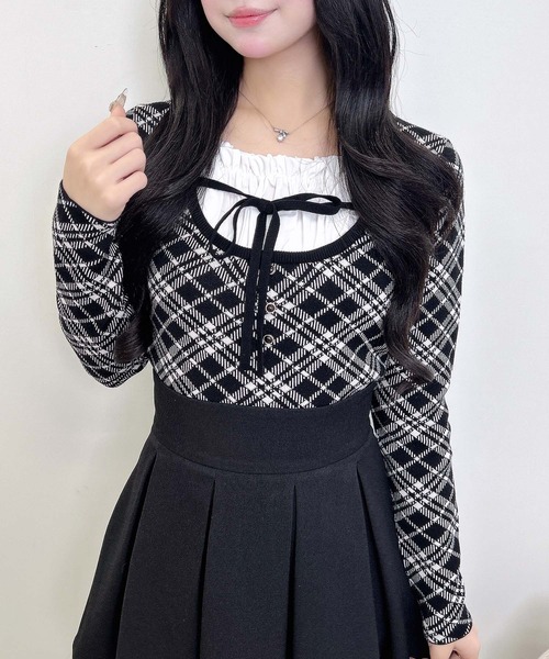 INGNI（イング）の「フロントフリルドッキングチェック柄ニット（ニット/セーター・レディース・アイボリー系3/ブラック系その他2/ピンク系2・M）」の6枚目の写真