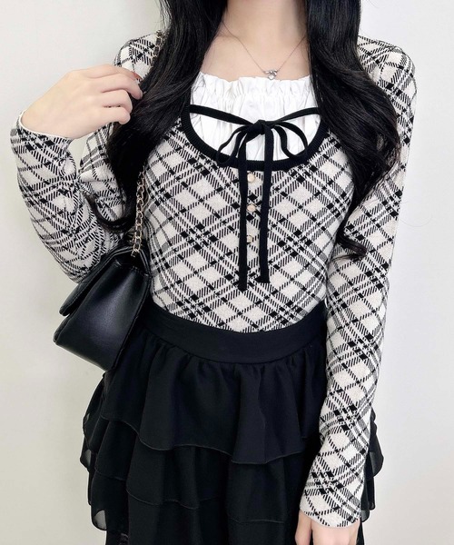 INGNI（イング）の「フロントフリルドッキングチェック柄ニット（ニット/セーター・レディース・アイボリー系3/ブラック系その他2/ピンク系2・M）」の12枚目の写真