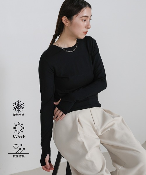 select MOCA(セレクトモカ)の「【UV CUT】フィンガースリーブクルーネックロングTシャツ(Tシャツ/カットソー・レディース・ブラウン/オフホワイト/ブラック・FREE)」の3枚目の写真