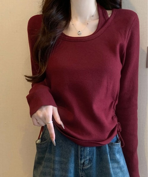 kirakiraShop(キラキラショップ)の「レイヤード ストラップ付き サイド ドローストリング ニットトップス(ニット/セーター・レディース・ブラック/グレー/ブラウン/レッド・FREE)」の4枚目の写真