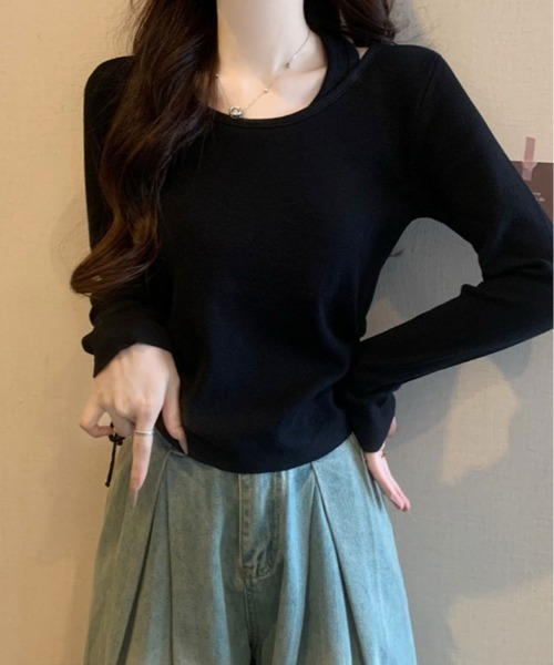 kirakiraShop(キラキラショップ)の「レイヤード ストラップ付き サイド ドローストリング ニットトップス(ニット/セーター・レディース・ブラック/グレー/ブラウン/レッド・FREE)」の18枚目の写真