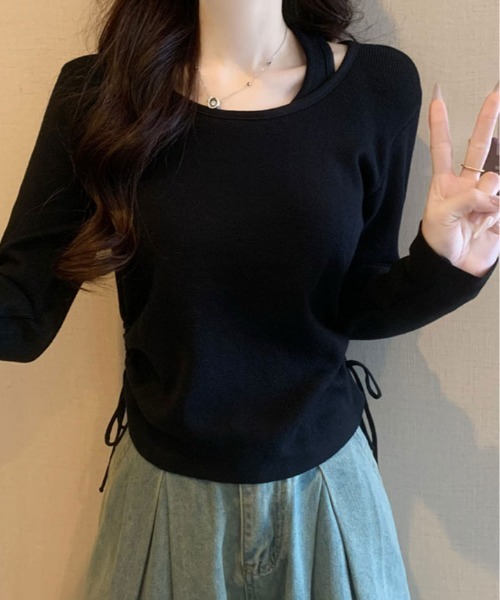kirakiraShop(キラキラショップ)の「レイヤード ストラップ付き サイド ドローストリング ニットトップス(ニット/セーター・レディース・ブラック/グレー/ブラウン/レッド・FREE)」の6枚目の写真