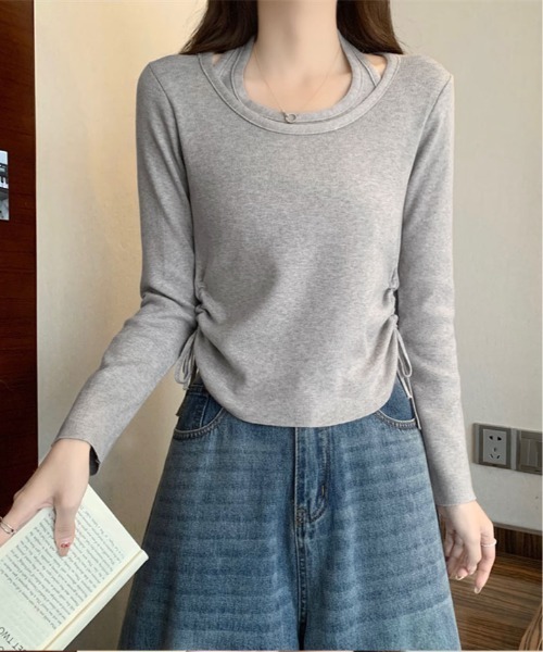 kirakiraShop(キラキラショップ)の「レイヤード ストラップ付き サイド ドローストリング ニットトップス(ニット/セーター・レディース・ブラック/グレー/ブラウン/レッド・FREE)」の5枚目の写真