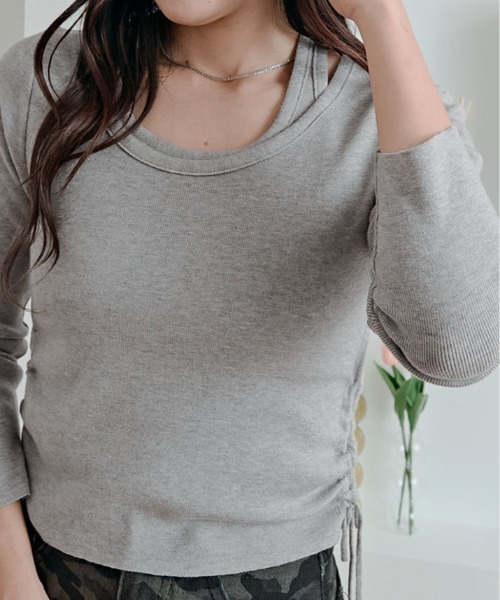kirakiraShop(キラキラショップ)の「レイヤード ストラップ付き サイド ドローストリング ニットトップス(ニット/セーター・レディース・ブラック/グレー/ブラウン/レッド・FREE)」の15枚目の写真