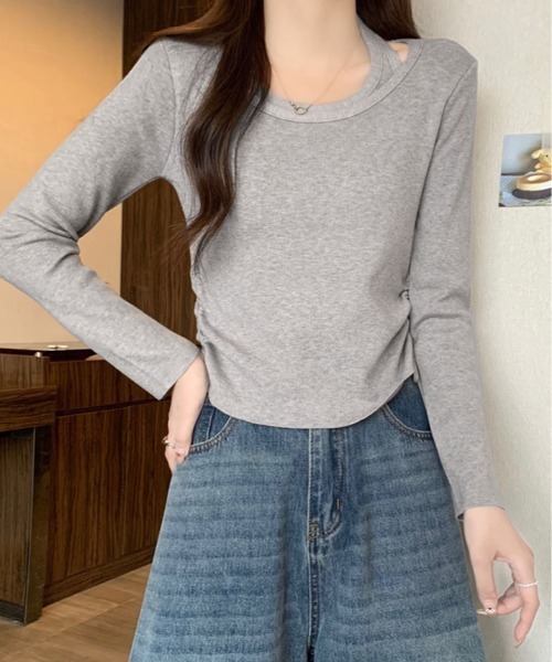 kirakiraShop(キラキラショップ)の「レイヤード ストラップ付き サイド ドローストリング ニットトップス(ニット/セーター・レディース・ブラック/グレー/ブラウン/レッド・FREE)」の10枚目の写真