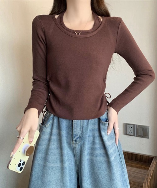 kirakiraShop(キラキラショップ)の「レイヤード ストラップ付き サイド ドローストリング ニットトップス(ニット/セーター・レディース・ブラック/グレー/ブラウン/レッド・FREE)」の9枚目の写真