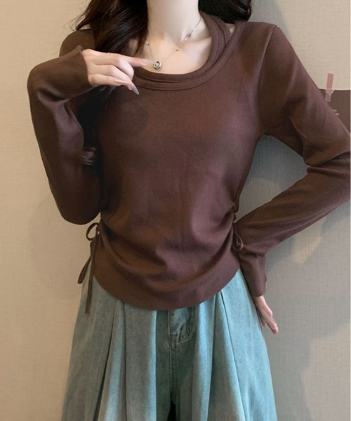 kirakiraShop(キラキラショップ)の「レイヤード ストラップ付き サイド ドローストリング ニットトップス(ニット/セーター・レディース・ブラック/グレー/ブラウン/レッド・FREE)」の14枚目の写真
