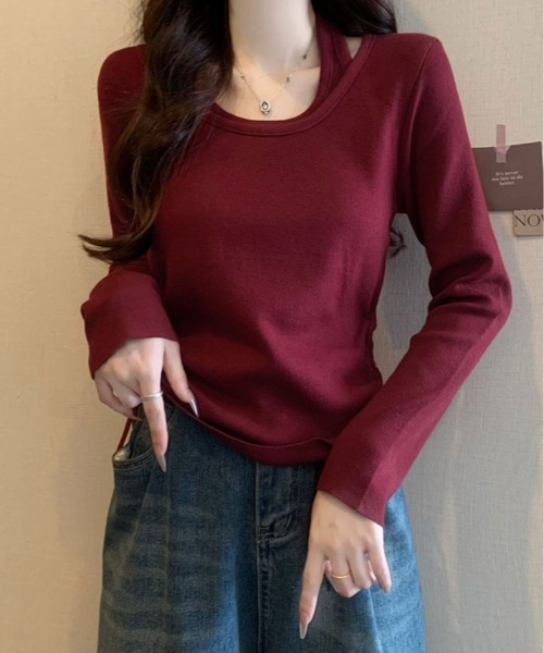 kirakiraShop(キラキラショップ)の「レイヤード ストラップ付き サイド ドローストリング ニットトップス(ニット/セーター・レディース・ブラック/グレー/ブラウン/レッド・FREE)」の8枚目の写真