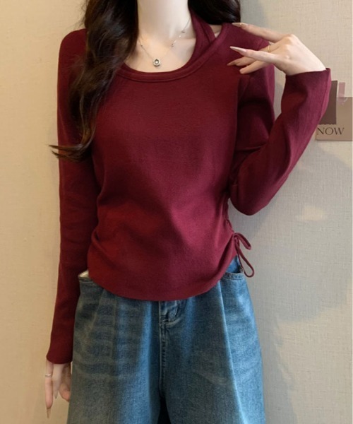 kirakiraShop(キラキラショップ)の「レイヤード ストラップ付き サイド ドローストリング ニットトップス(ニット/セーター・レディース・ブラック/グレー/ブラウン/レッド・FREE)」の13枚目の写真