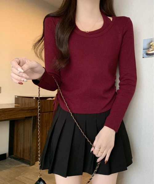 kirakiraShop(キラキラショップ)の「レイヤード ストラップ付き サイド ドローストリング ニットトップス(ニット/セーター・レディース・ブラック/グレー/ブラウン/レッド・FREE)」の22枚目の写真