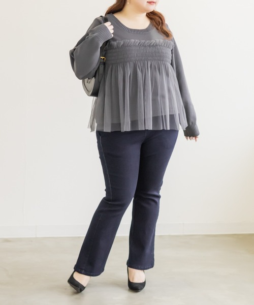 CLETTE(クレット)の「CLETTEオリジナルシャーリングチュールドッキングニット(ニット/セーター・レディース・ブラック/ブルーグリーン/チャコールグレー・4L/3L/LL)」の4枚目の写真