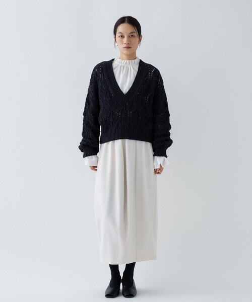 cloenc(クロエンス)の「【手洗い可】クロシェ編みクロップドニットプルオーバー(ニット/セーター・レディース・ライトベージュ/ホワイト/ネイビー・02)」の16枚目の写真