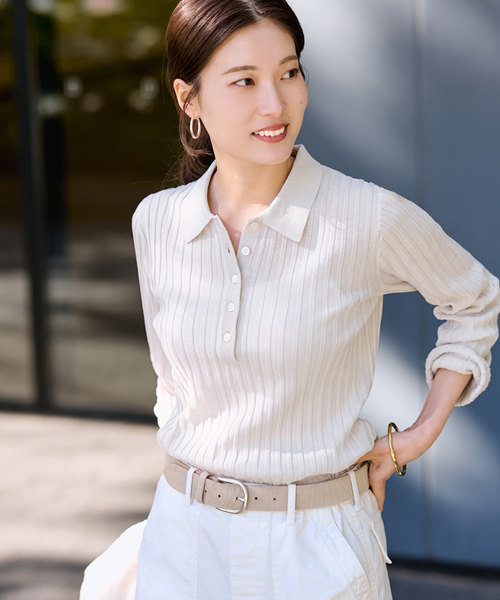 FRAMeWORK（フレームワーク）の「リブニットポロシャツ（ニット/セーター・レディース・イエロー/サックスブルー/アイボリー・FREE）」の9枚目の写真