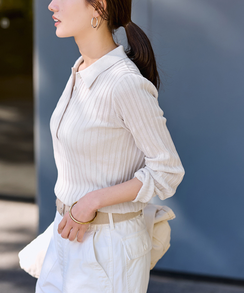 FRAMeWORK（フレームワーク）の「リブニットポロシャツ（ニット/セーター・レディース・イエロー/サックスブルー/アイボリー・FREE）」の10枚目の写真