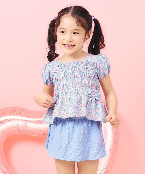 apres les cours（アプレレクール）の「【UVカット/リンク】ギンガム・トロピカル・フラワーシャーリングセパレート水着（水着・キッズ・レッド/サックスブルー/イエロー・80/90/100/110/120/130/140）」の2枚目の写真