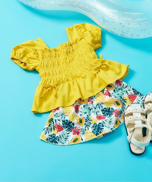 apres les cours（アプレレクール）の「【UVカット/リンク】ギンガム・トロピカル・フラワーシャーリングセパレート水着（水着・キッズ・レッド/サックスブルー/イエロー・80/90/100/110/120/130/140）」の3枚目の写真