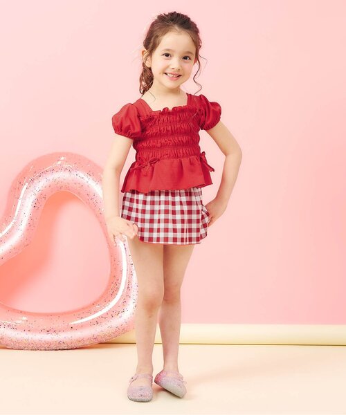 apres les cours（アプレレクール）の「【UVカット/リンク】ギンガム・トロピカル・フラワーシャーリングセパレート水着（水着・キッズ・レッド/サックスブルー/イエロー・80/90/100/110/120/130/140）」の5枚目の写真