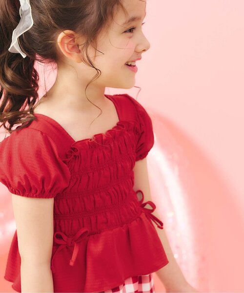 apres les cours（アプレレクール）の「【UVカット/リンク】ギンガム・トロピカル・フラワーシャーリングセパレート水着（水着・キッズ・レッド/サックスブルー/イエロー・80/90/100/110/120/130/140）」の7枚目の写真