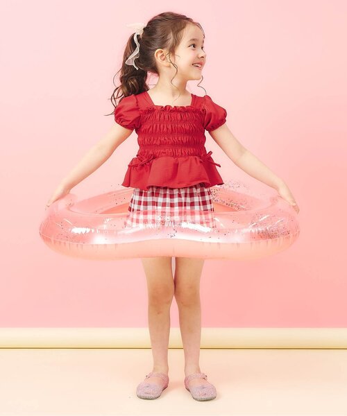 apres les cours（アプレレクール）の「【UVカット/リンク】ギンガム・トロピカル・フラワーシャーリングセパレート水着（水着・キッズ・レッド/サックスブルー/イエロー・80/90/100/110/120/130/140）」の8枚目の写真