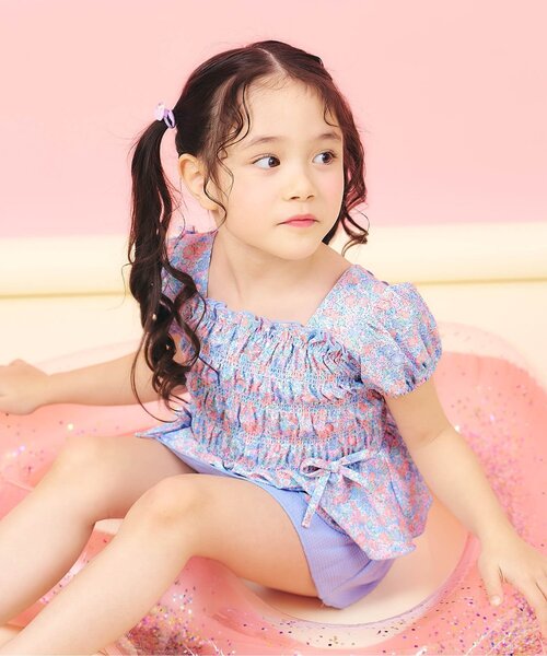 apres les cours（アプレレクール）の「【UVカット/リンク】ギンガム・トロピカル・フラワーシャーリングセパレート水着（水着・キッズ・レッド/サックスブルー/イエロー・80/90/100/110/120/130/140）」の13枚目の写真