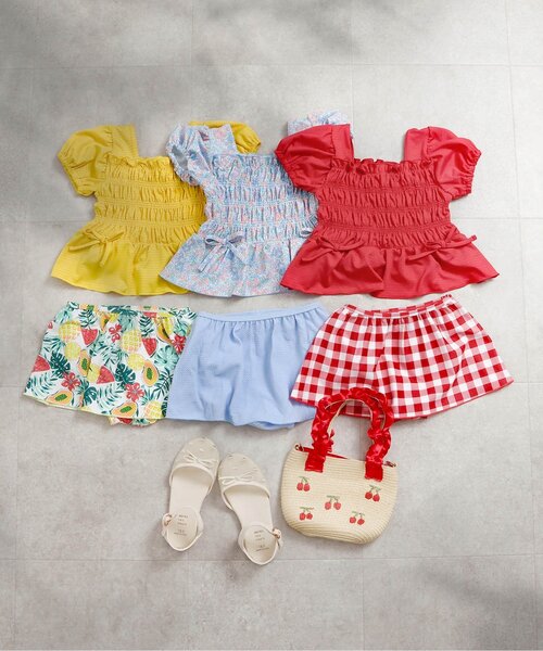 apres les cours（アプレレクール）の「【UVカット/リンク】ギンガム・トロピカル・フラワーシャーリングセパレート水着（水着・キッズ・レッド/サックスブルー/イエロー・80/90/100/110/120/130/140）」の15枚目の写真