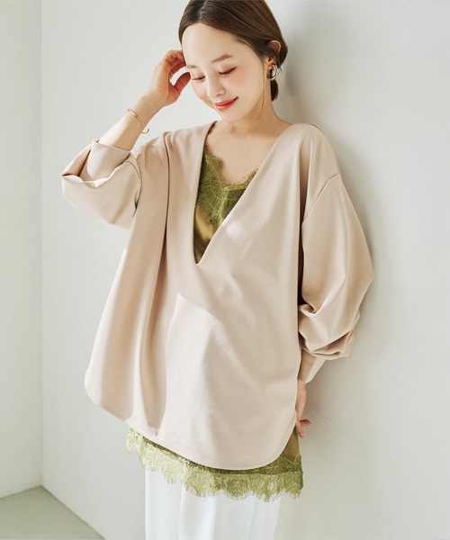 KOBE LETTUCE（コウベレタス）の「[ 田中亜希子さんコラボ ] 深Vネックジャージープルオーバー（Tシャツ/カットソー・レディース・オフホワイト/グレー系/ベージュ系/ブラック・M-Long/M-Short）」の12枚目の写真