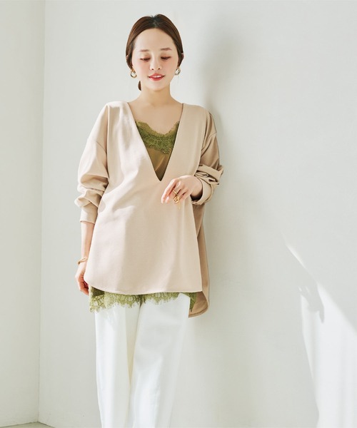 KOBE LETTUCE（コウベレタス）の「[ 田中亜希子さんコラボ ] 深Vネックジャージープルオーバー（Tシャツ/カットソー・レディース・オフホワイト/グレー系/ベージュ系/ブラック・M-Long/M-Short）」の13枚目の写真