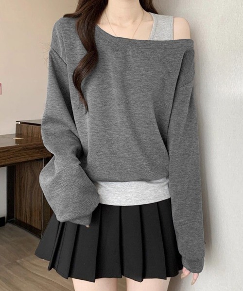 Miniministore(ミニミニストア)の「レイヤード風スウェットワンショルダー秋服(スウェット・レディース・ブラック/ネイビー/ダークグレー・FREE)」の5枚目の写真
