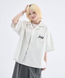 フラワーボタンストライプ開襟シャツ / Flower Button Stripe Halfsleeve Shirt
