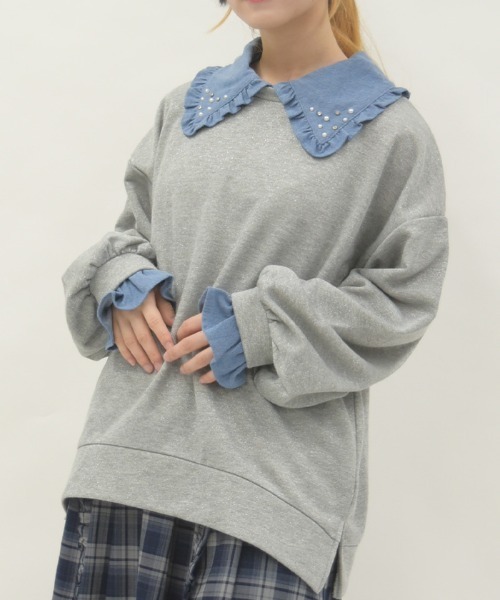 axes femme（アクシーズファム）の「デニム襟ラメ裏毛トレーナー（Tシャツ/カットソー・レディース・グレー/ホワイト/ピンク・FREE）」の2枚目の写真