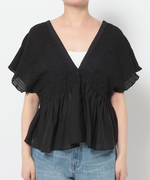 LOWRYS FARM(ローリーズファーム)の「ヨウリュウシャーリングショートフレンチスリーブ 661674(シャツ/ブラウス・レディース・ベージュ/ブラック/ブルー/アイボリー/ドット・FREE)」の6枚目の写真