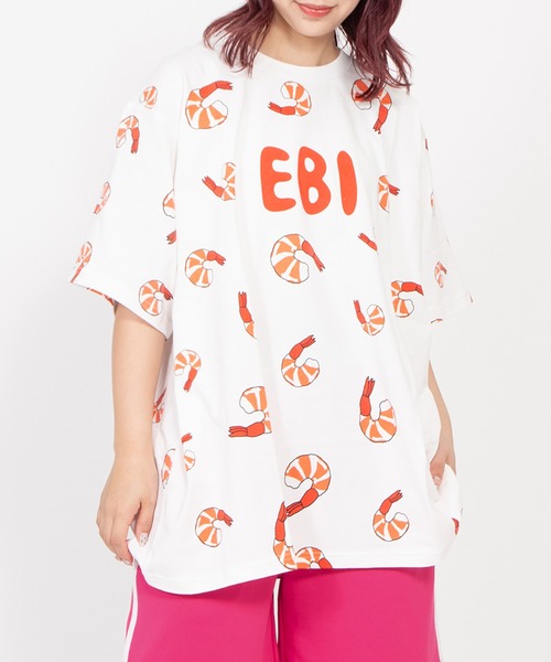 PUNYUS(プニュズ)の「【新サイズ】フード総柄Tシャツ(EBI)(Tシャツ/カットソー・レディース・レッド・1/2/3/4/5)」の1枚目の写真